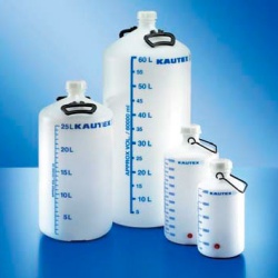 Бутыль Kautex толстостенная 10 л, HDPE, круглая, с синей градуировкой, Ø 50 мм, естественный цвет, с ручкой и крышкой, без резьбового соединения
