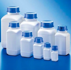 Бутыль Kautex широкогорлая 250 мл, HDPE, квадратная, Ø 45 мм, белый цвет, без крышки, с допуском ООН для твердых веществ
